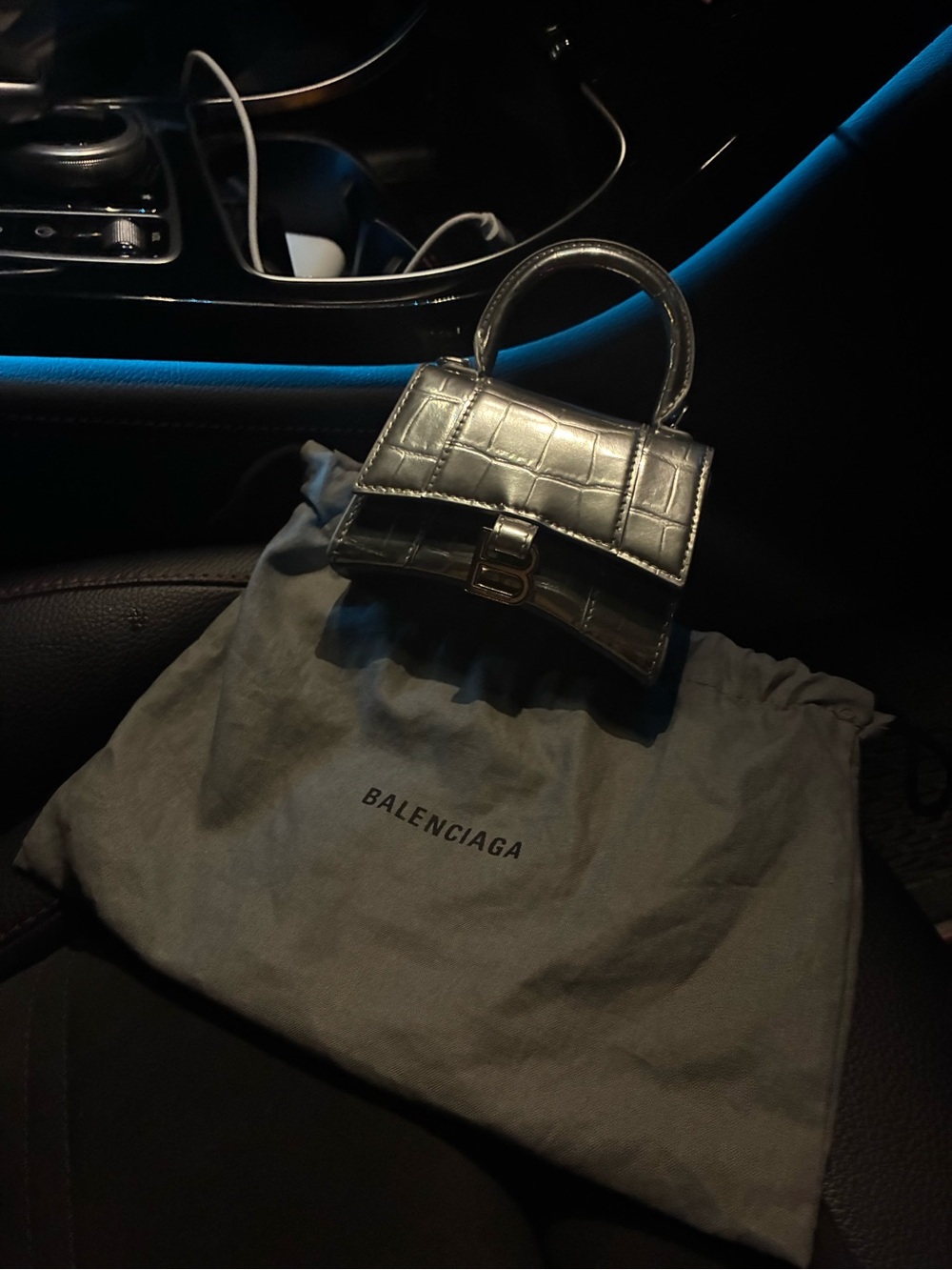Authentic Balenciaga Croc-Embossed Mini Top-Handle Bag in Metallic Gray